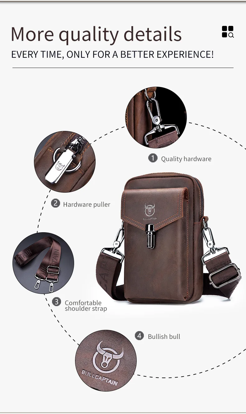 BULLCAPTAIN Crazy Horse Skin Men's Wearing Belt Phone Waist Bag Top Layer Cowhide Single Shoulder Crossbody Phone Bag