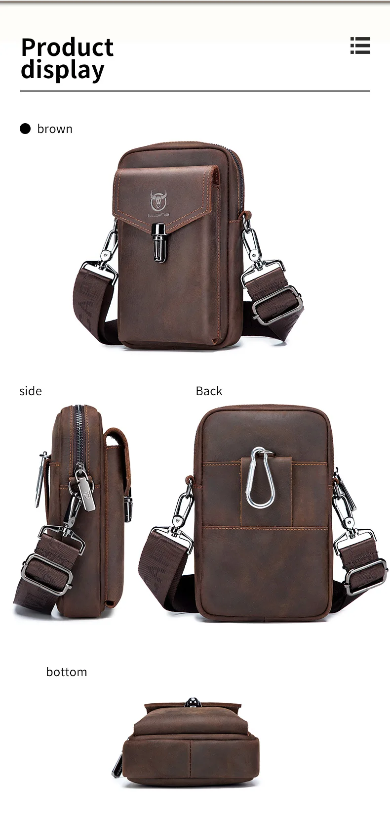 BULLCAPTAIN Crazy Horse Skin Men's Wearing Belt Phone Waist Bag Top Layer Cowhide Single Shoulder Crossbody Phone Bag