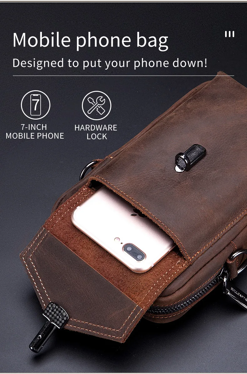 BULLCAPTAIN Crazy Horse Skin Men's Wearing Belt Phone Waist Bag Top Layer Cowhide Single Shoulder Crossbody Phone Bag