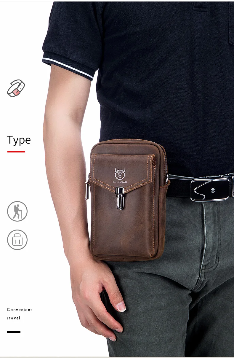 BULLCAPTAIN Crazy Horse Skin Men's Wearing Belt Phone Waist Bag Top Layer Cowhide Single Shoulder Crossbody Phone Bag