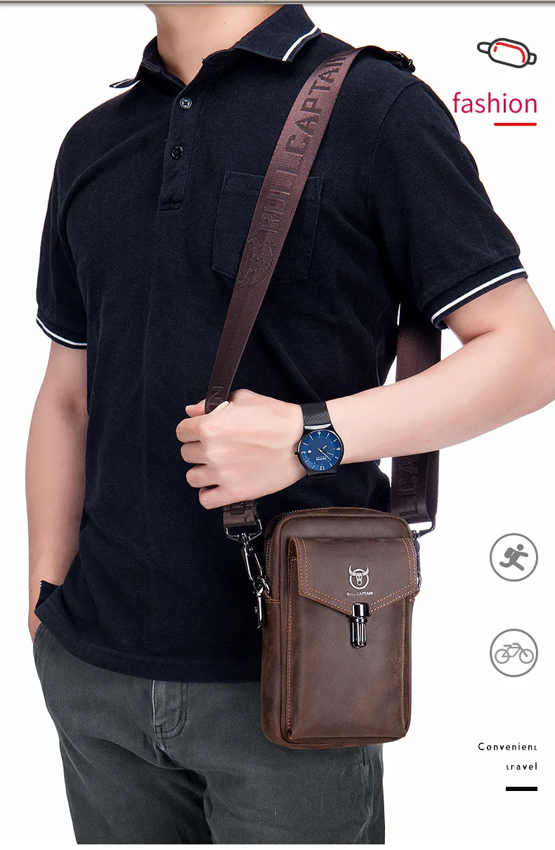 BULLCAPTAIN Crazy Horse Skin Men's Wearing Belt Phone Waist Bag Top Layer Cowhide Single Shoulder Crossbody Phone Bag