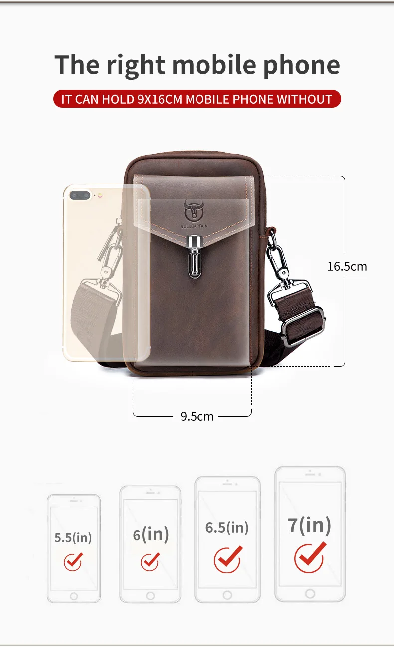 BULLCAPTAIN Crazy Horse Skin Men's Wearing Belt Phone Waist Bag Top Layer Cowhide Single Shoulder Crossbody Phone Bag
