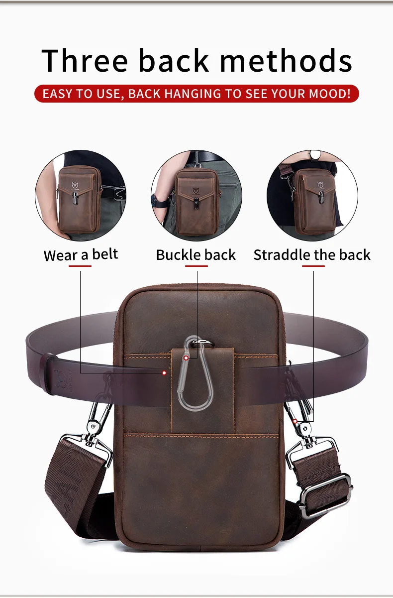 BULLCAPTAIN Crazy Horse Skin Men's Wearing Belt Phone Waist Bag Top Layer Cowhide Single Shoulder Crossbody Phone Bag