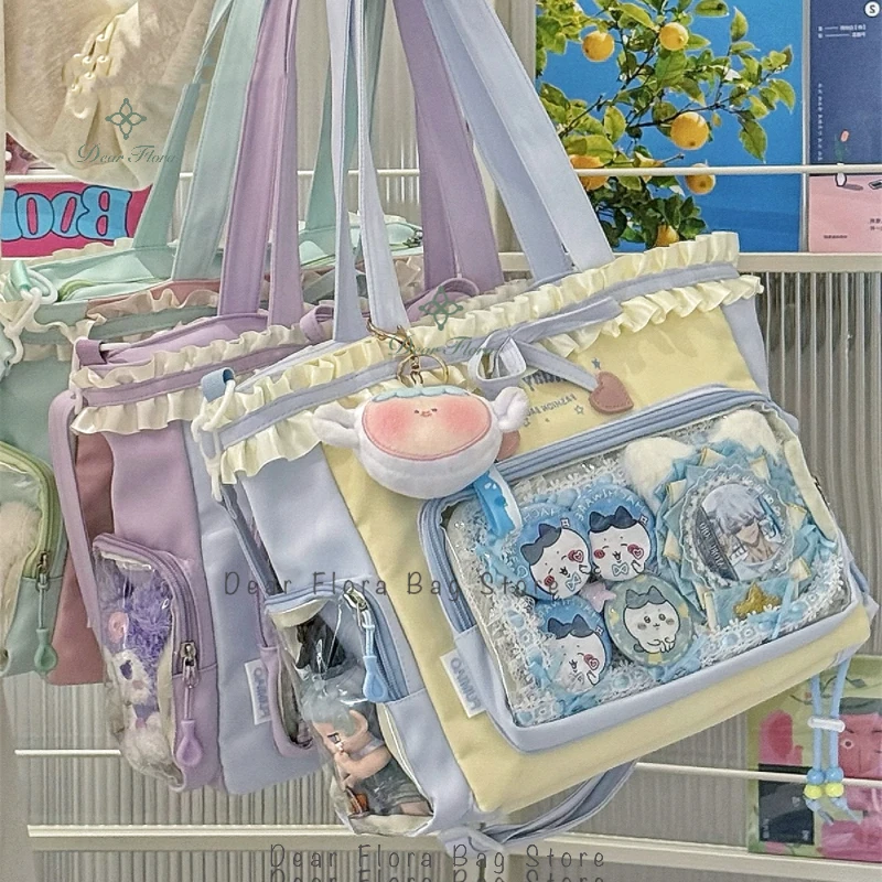 New Y2k Sweet Shoulder Bag Lolita Girl Transparent Tote Bag Women Large Capacity Lace Bow Crossbody Bag Cute DIY Display Handbag