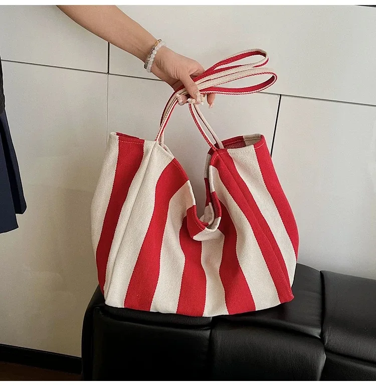 Large Capcity Korean Style Stripe Canvas Tote Bag Female Casual Simple Shoulder Bags Shopping Handbag Daily Totes Bag