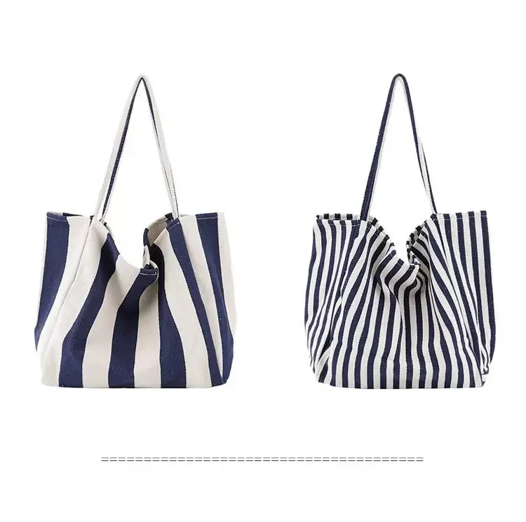 Large Capcity Korean Style Stripe Canvas Tote Bag Female Casual Simple Shoulder Bags Shopping Handbag Daily Totes Bag