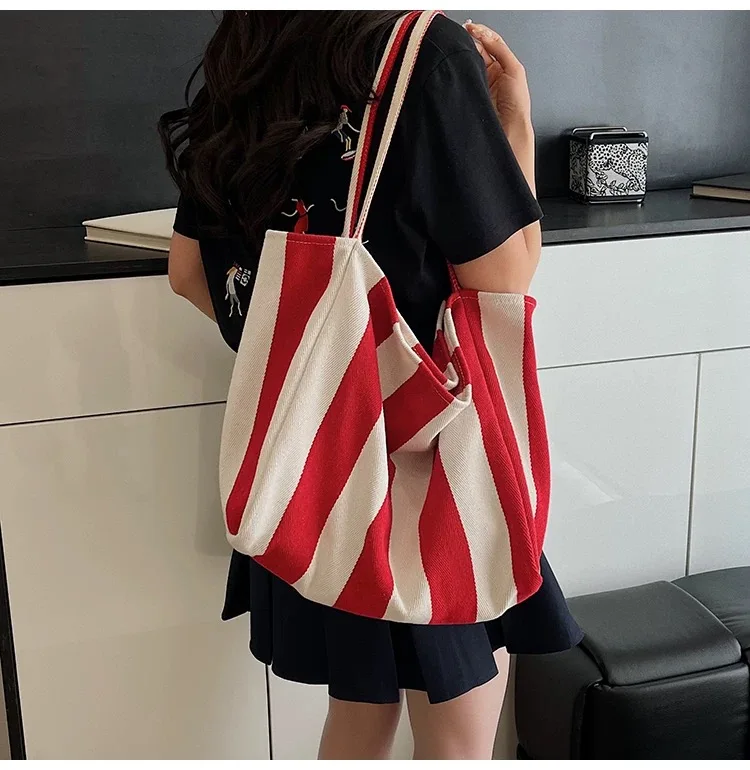 Large Capcity Korean Style Stripe Canvas Tote Bag Female Casual Simple Shoulder Bags Shopping Handbag Daily Totes Bag