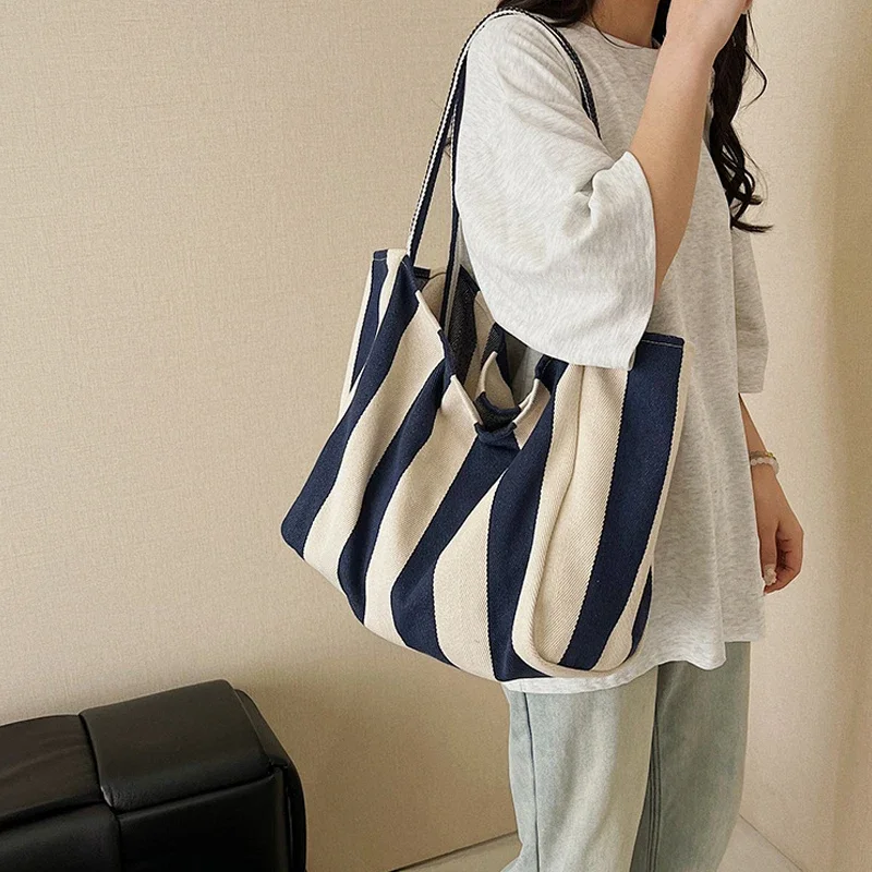 Large Capcity Korean Style Stripe Canvas Tote Bag Female Casual Simple Shoulder Bags Shopping Handbag Daily Totes Bag