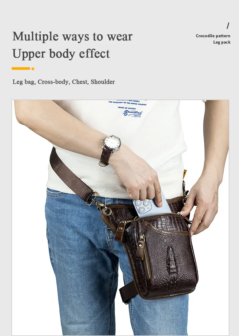 SCHLATUM Genuine Leather Men Multifunction Design Crocodile Grain Belt Pack Drop Motorcycle Fanny Waist Belt Pack Drop Leg Bag