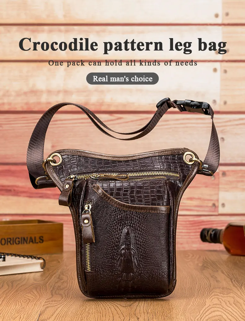 SCHLATUM Genuine Leather Men Multifunction Design Crocodile Grain Belt Pack Drop Motorcycle Fanny Waist Belt Pack Drop Leg Bag