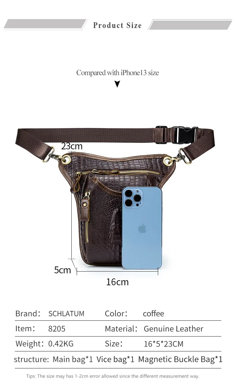 SCHLATUM Genuine Leather Men Multifunction Design Crocodile Grain Belt Pack Drop Motorcycle Fanny Waist Belt Pack Drop Leg Bag