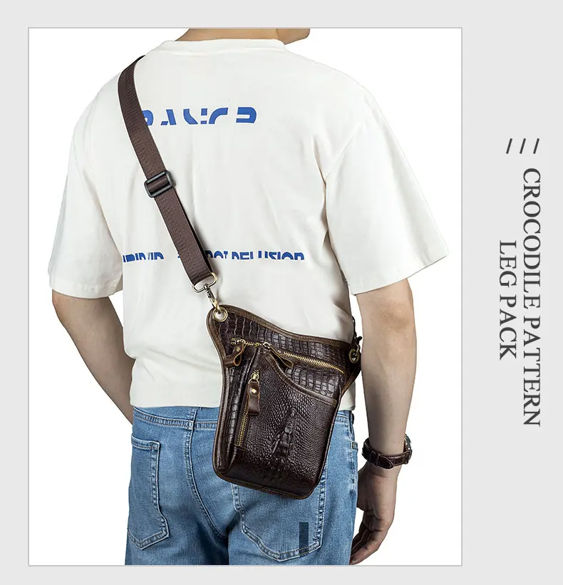 SCHLATUM Genuine Leather Men Multifunction Design Crocodile Grain Belt Pack Drop Motorcycle Fanny Waist Belt Pack Drop Leg Bag