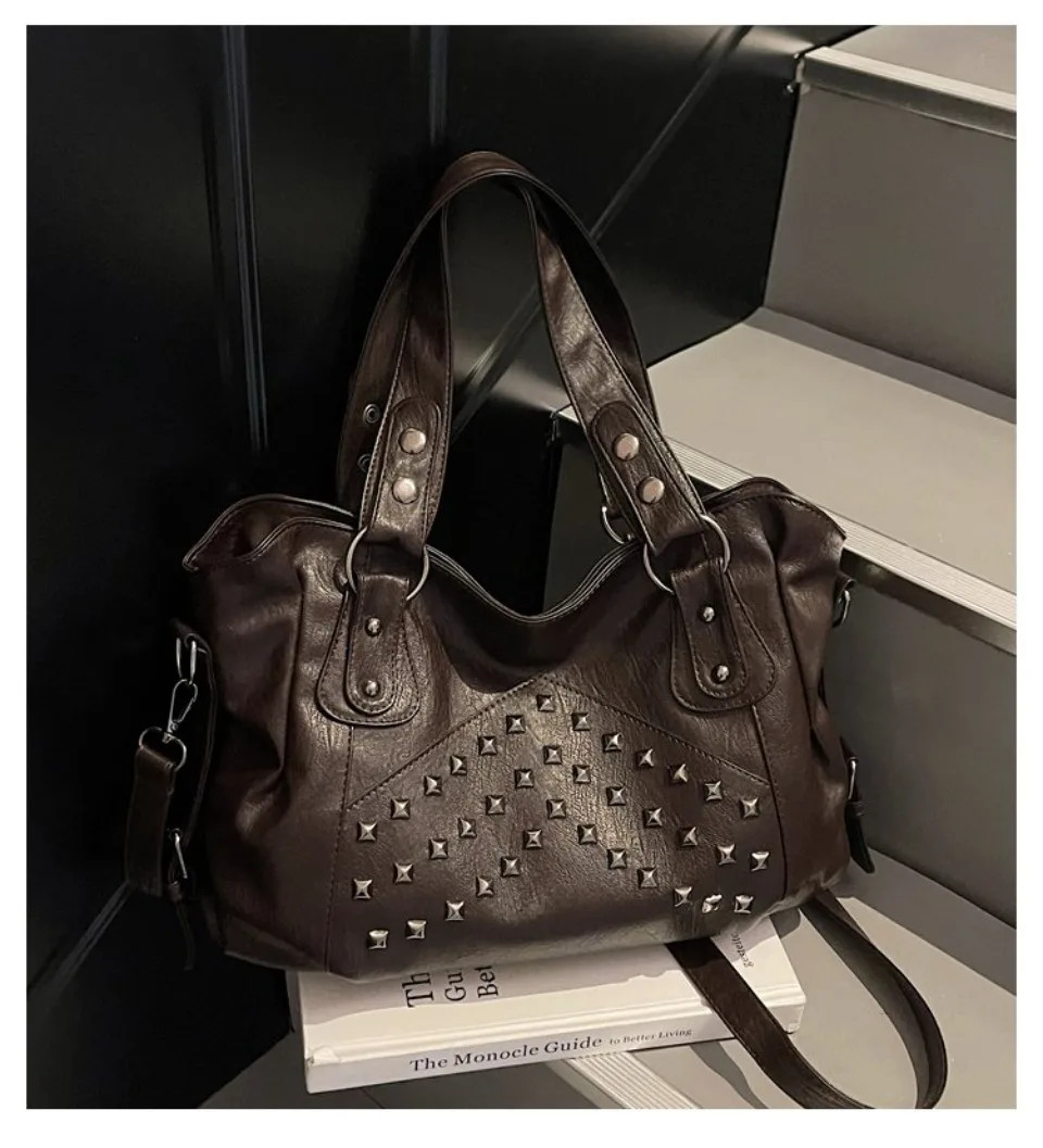 Rivet Punk Large Capacity Handbags Top Quality Sturdy Soft Leather Casual Tote Bag Shoulder Crossbody Bags Daily Commute Travel