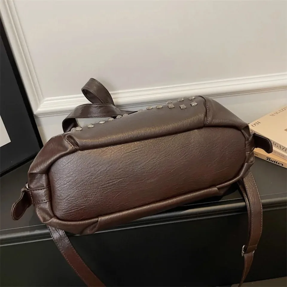 Rivet Punk Large Capacity Handbags Top Quality Sturdy Soft Leather Casual Tote Bag Shoulder Crossbody Bags Daily Commute Travel