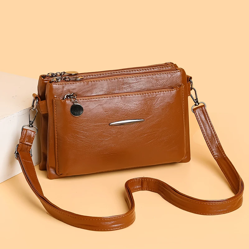 Solid Color Simple Retro Women's Small Crossbody Bag Soft PU Leather Multi-layered Shoulder Bag Casual Large Capacity Sling Bag