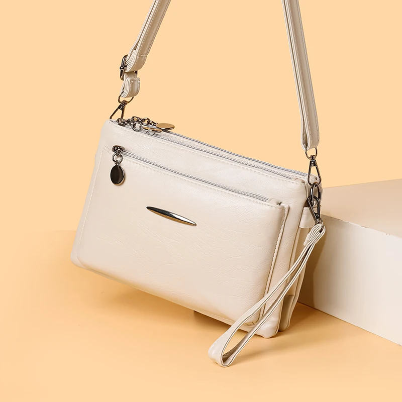 Solid Color Simple Retro Women's Small Crossbody Bag Soft PU Leather Multi-layered Shoulder Bag Casual Large Capacity Sling Bag