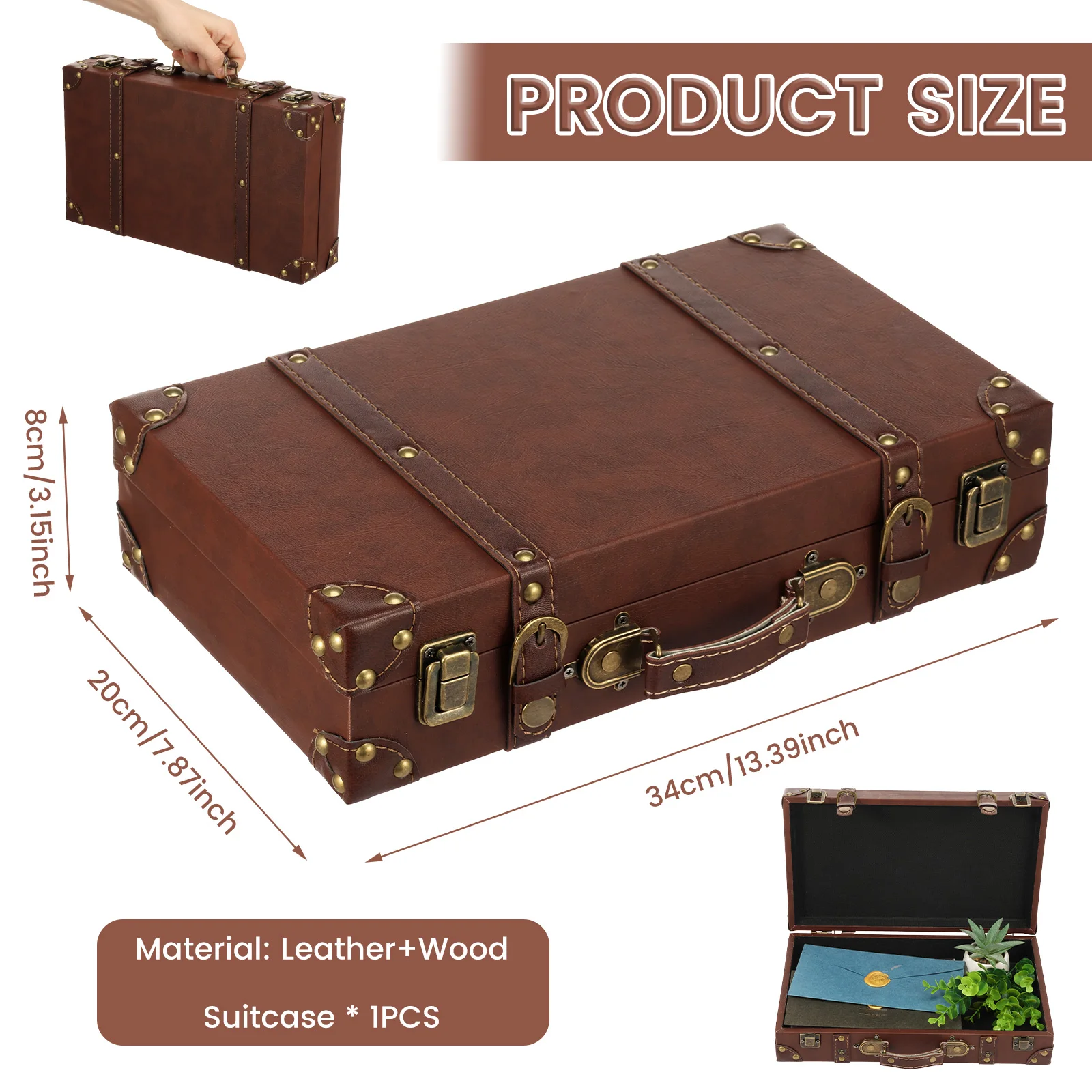Vintage Leather Suitcase Luggage Clothing Organizer Portable Trunk Handbag Wooden Antique Ornament Carrying Prop Storage Box