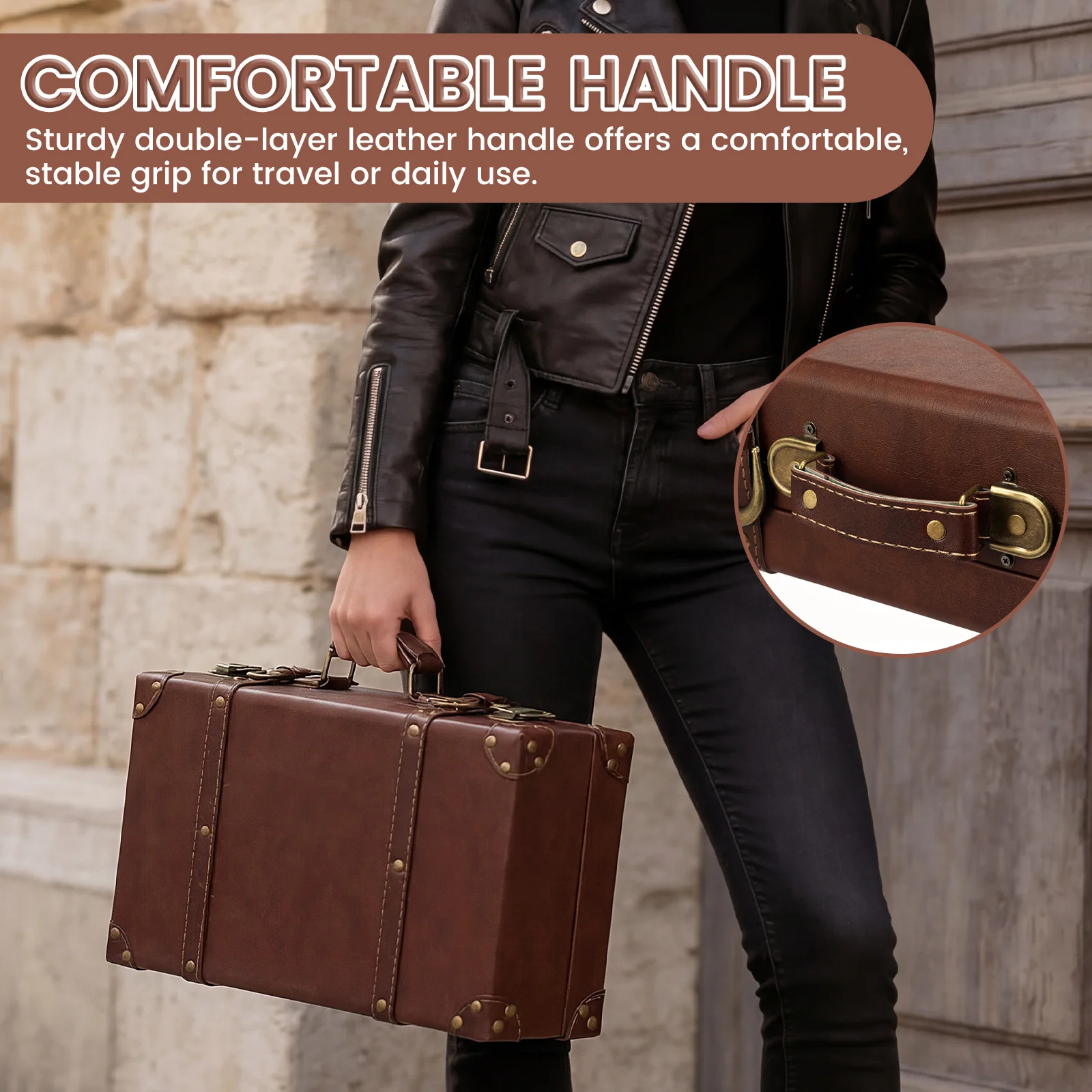 Vintage Leather Suitcase Luggage Clothing Organizer Portable Trunk Handbag Wooden Antique Ornament Carrying Prop Storage Box