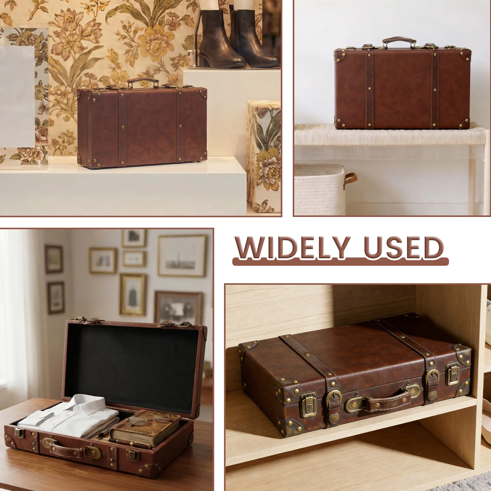 Vintage Leather Suitcase Luggage Clothing Organizer Portable Trunk Handbag Wooden Antique Ornament Carrying Prop Storage Box