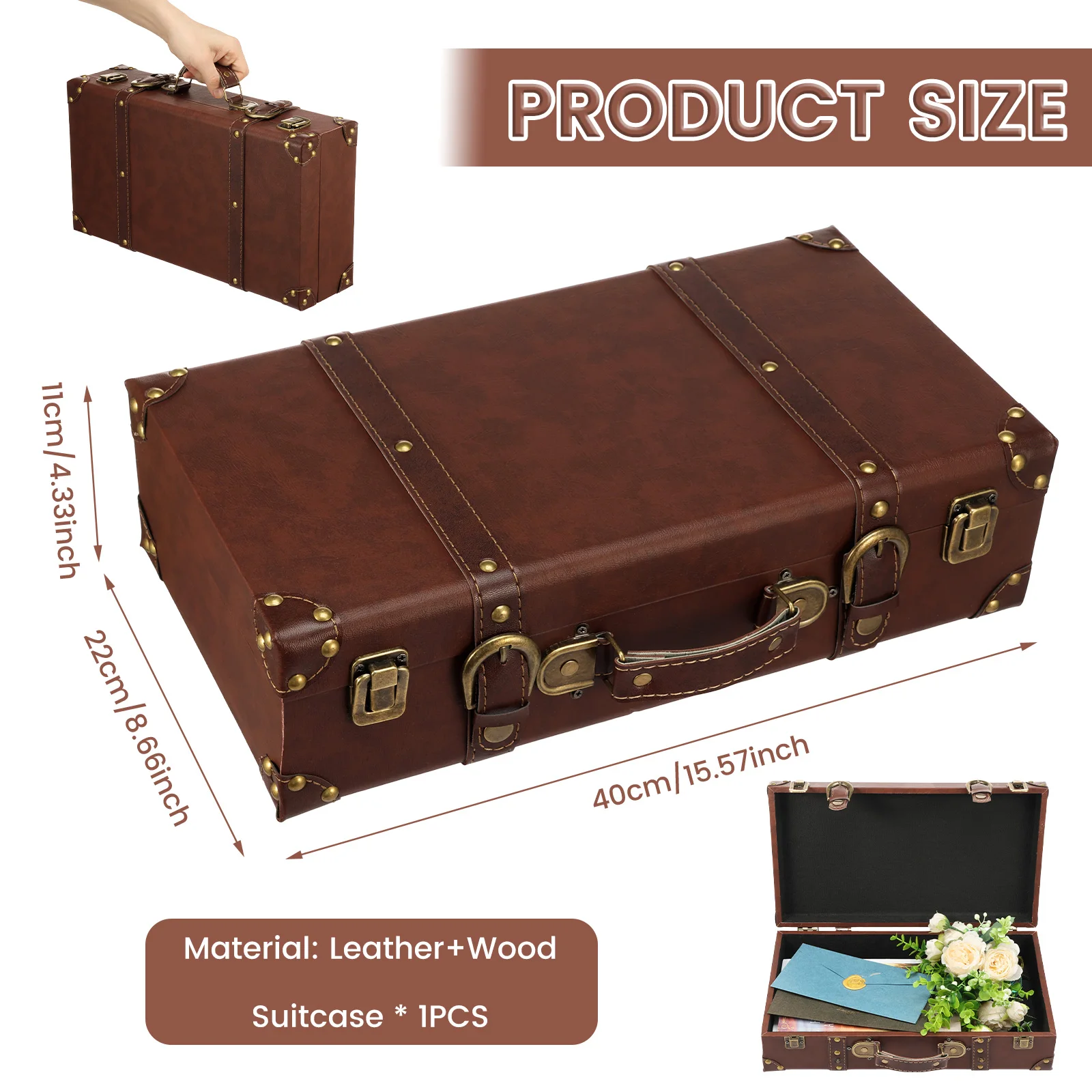 Vintage Leather Suitcase Luggage Clothing Organizer Portable Trunk Handbag Wooden Antique Ornament Carrying Prop Storage Box
