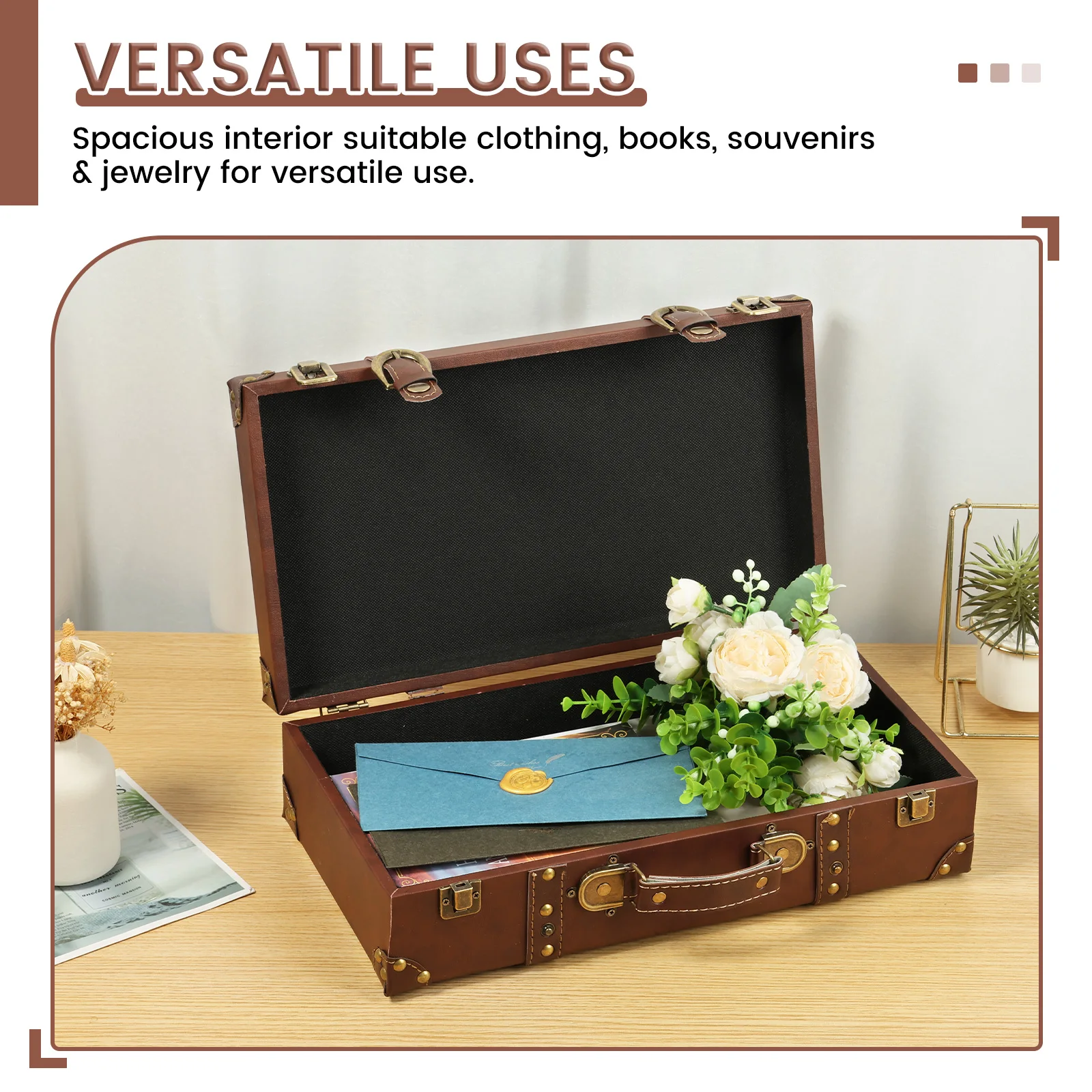 Vintage Leather Suitcase Luggage Clothing Organizer Portable Trunk Handbag Wooden Antique Ornament Carrying Prop Storage Box