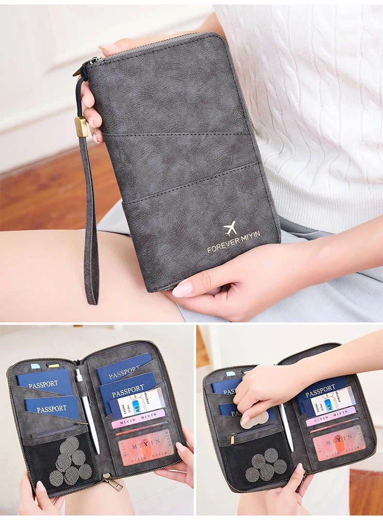 Travel Family Passport Holder RFIDShielded Large-Capacity Document Zippered Storage Wallet PU Clutch Bag Unisex Travel Accessory