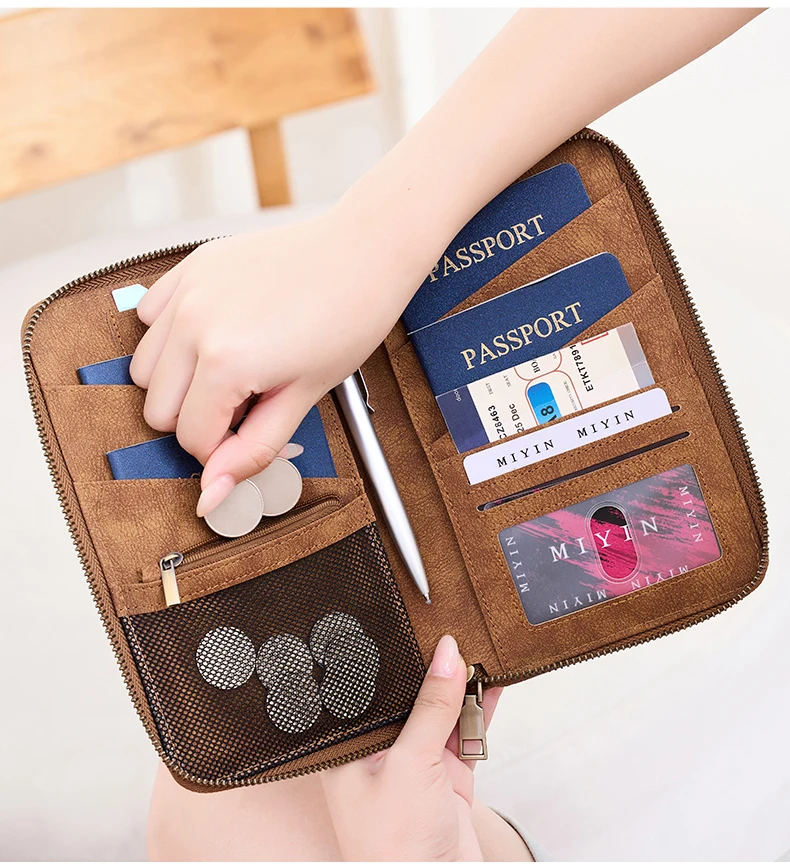 Travel Family Passport Holder RFIDShielded Large-Capacity Document Zippered Storage Wallet PU Clutch Bag Unisex Travel Accessory