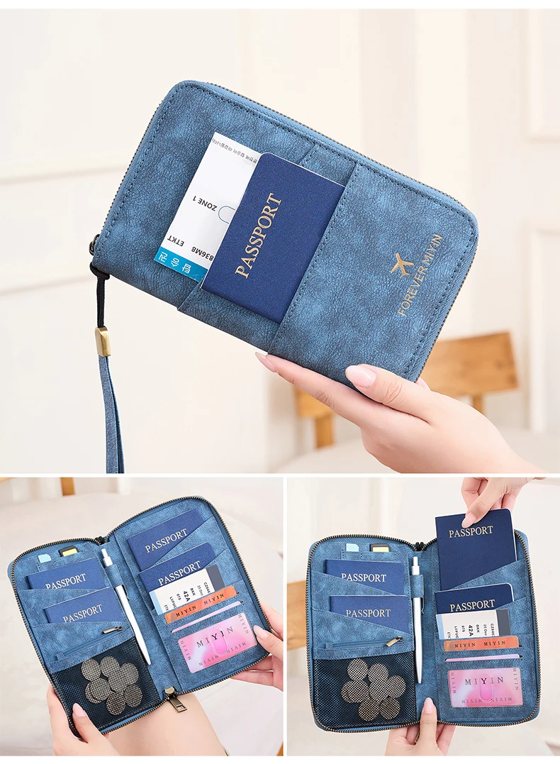 Travel Family Passport Holder RFIDShielded Large-Capacity Document Zippered Storage Wallet PU Clutch Bag Unisex Travel Accessory