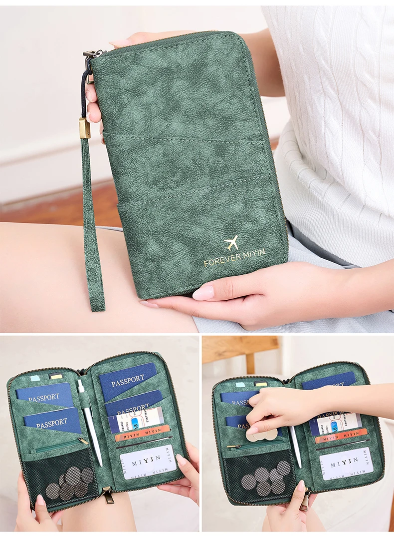 Travel Family Passport Holder RFIDShielded Large-Capacity Document Zippered Storage Wallet PU Clutch Bag Unisex Travel Accessory
