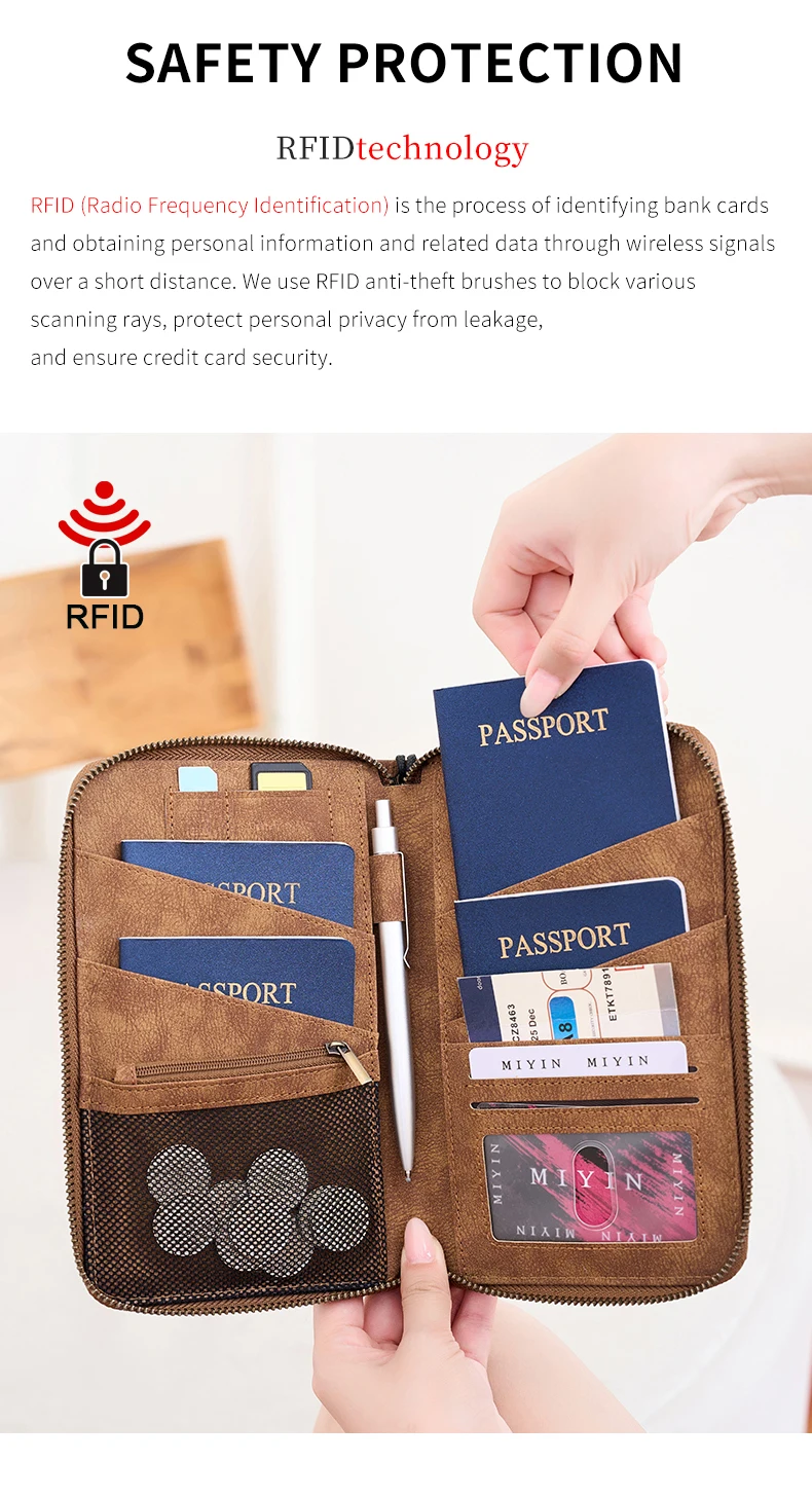Travel Family Passport Holder RFIDShielded Large-Capacity Document Zippered Storage Wallet PU Clutch Bag Unisex Travel Accessory