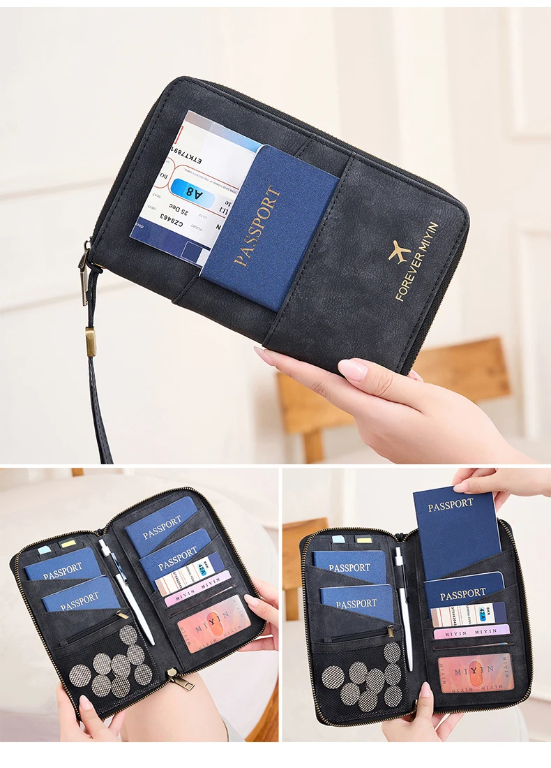 Travel Family Passport Holder RFIDShielded Large-Capacity Document Zippered Storage Wallet PU Clutch Bag Unisex Travel Accessory