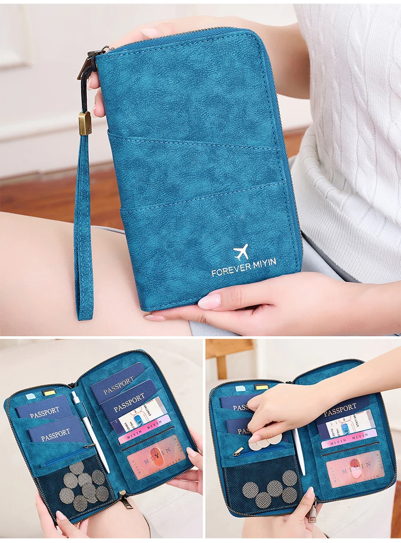 Travel Family Passport Holder RFIDShielded Large-Capacity Document Zippered Storage Wallet PU Clutch Bag Unisex Travel Accessory