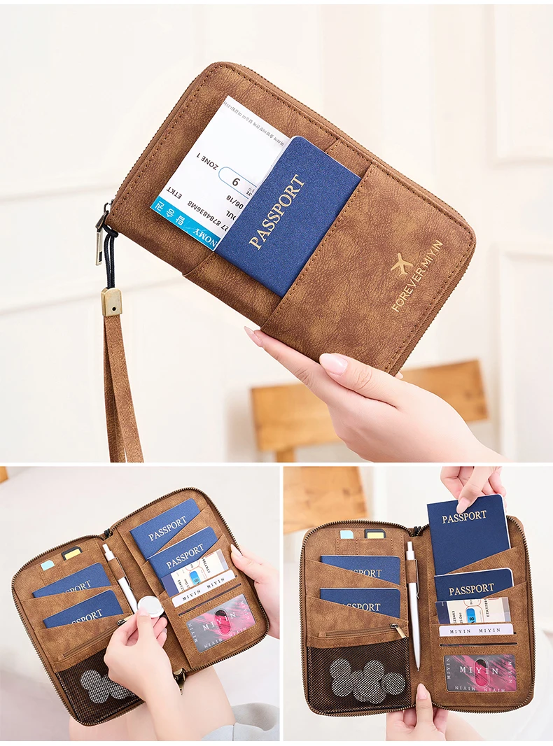 Travel Family Passport Holder RFIDShielded Large-Capacity Document Zippered Storage Wallet PU Clutch Bag Unisex Travel Accessory