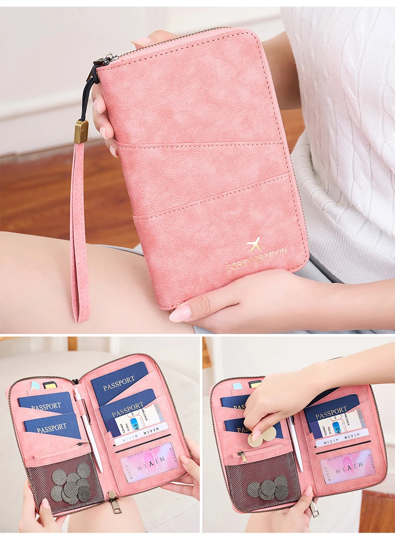 Travel Family Passport Holder RFIDShielded Large-Capacity Document Zippered Storage Wallet PU Clutch Bag Unisex Travel Accessory