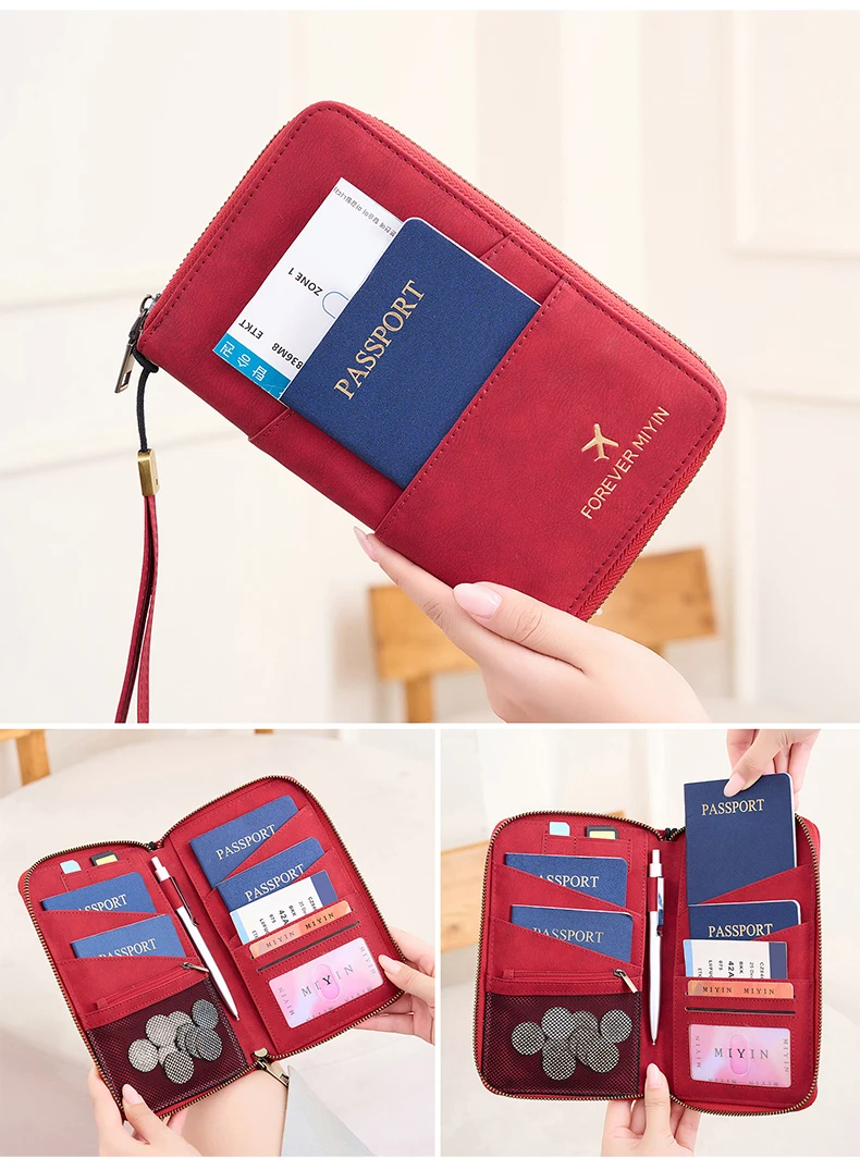 Travel Family Passport Holder RFIDShielded Large-Capacity Document Zippered Storage Wallet PU Clutch Bag Unisex Travel Accessory