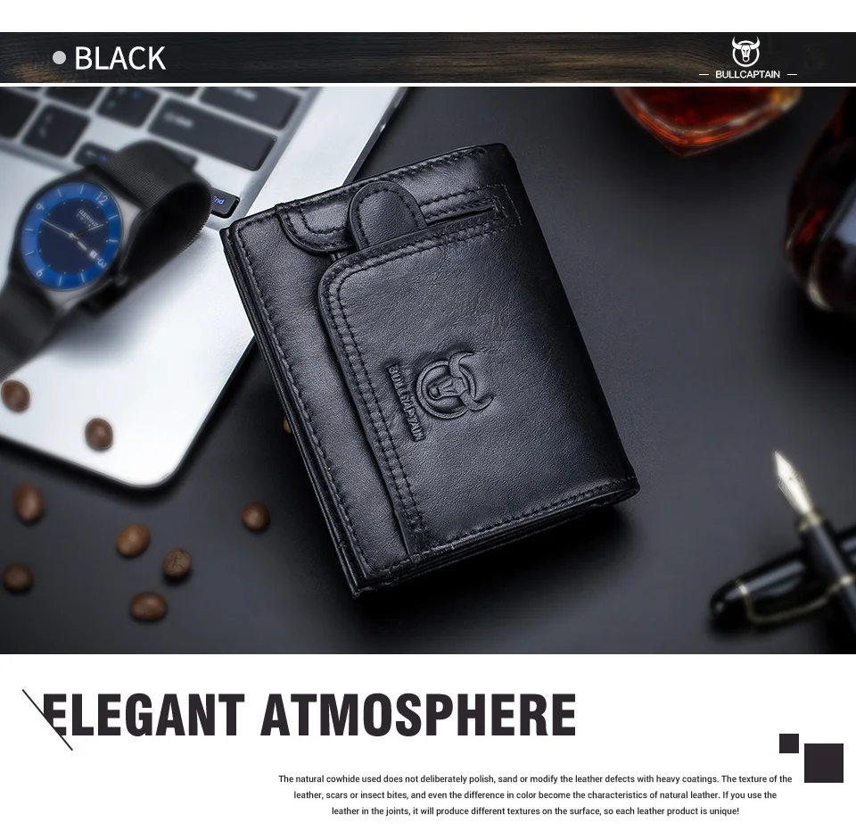 BULLCAPTAIN 100% Genuine Leather Men's Rfid Wallet Multifunctional Storage Bag Coin Purse Wallet Card Case