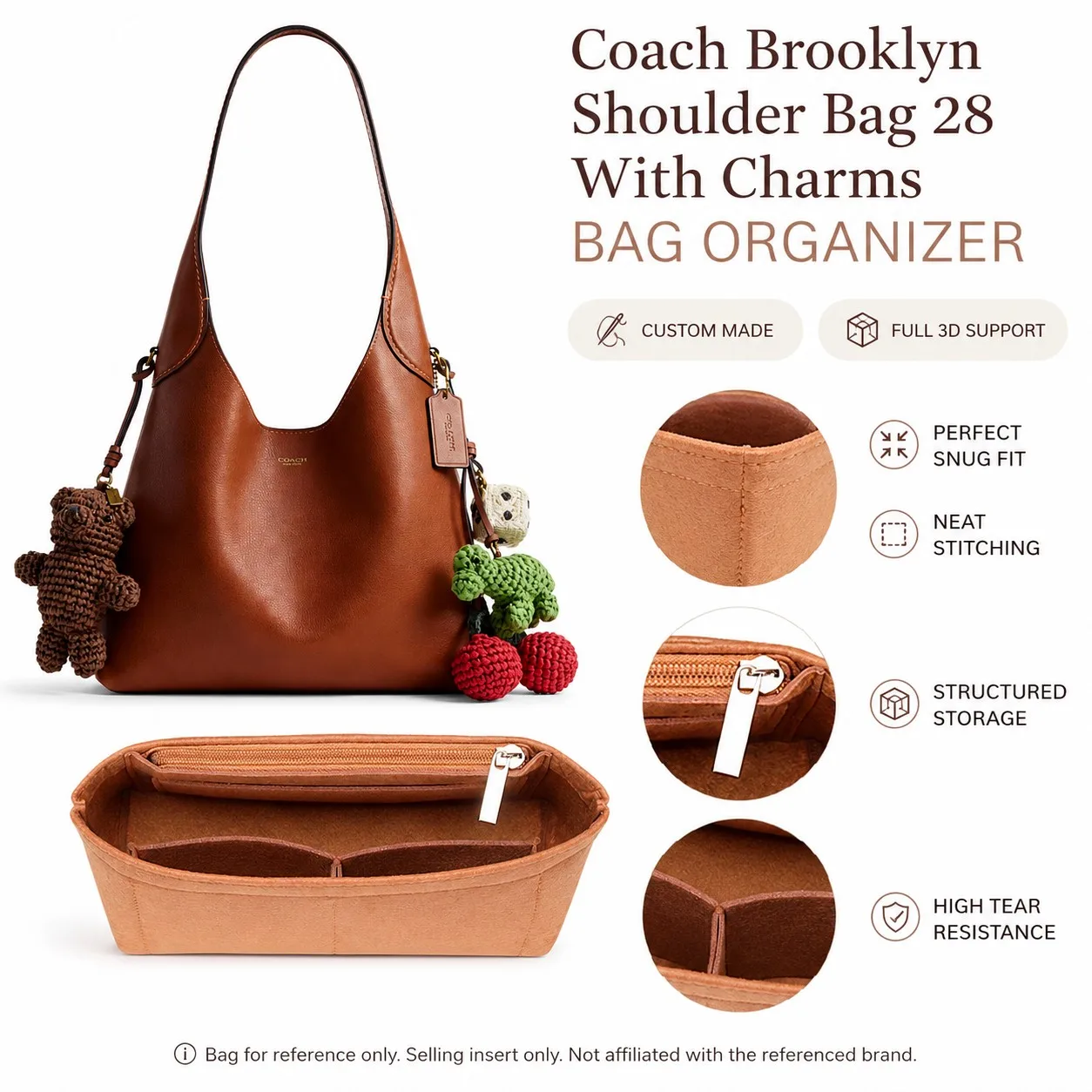 Felt Bag Organizer Insert for Coach Brooklyn Shoulder Bag Liner Fit Structured Storage Insert for 28 34 39 Tote Bag Compartments