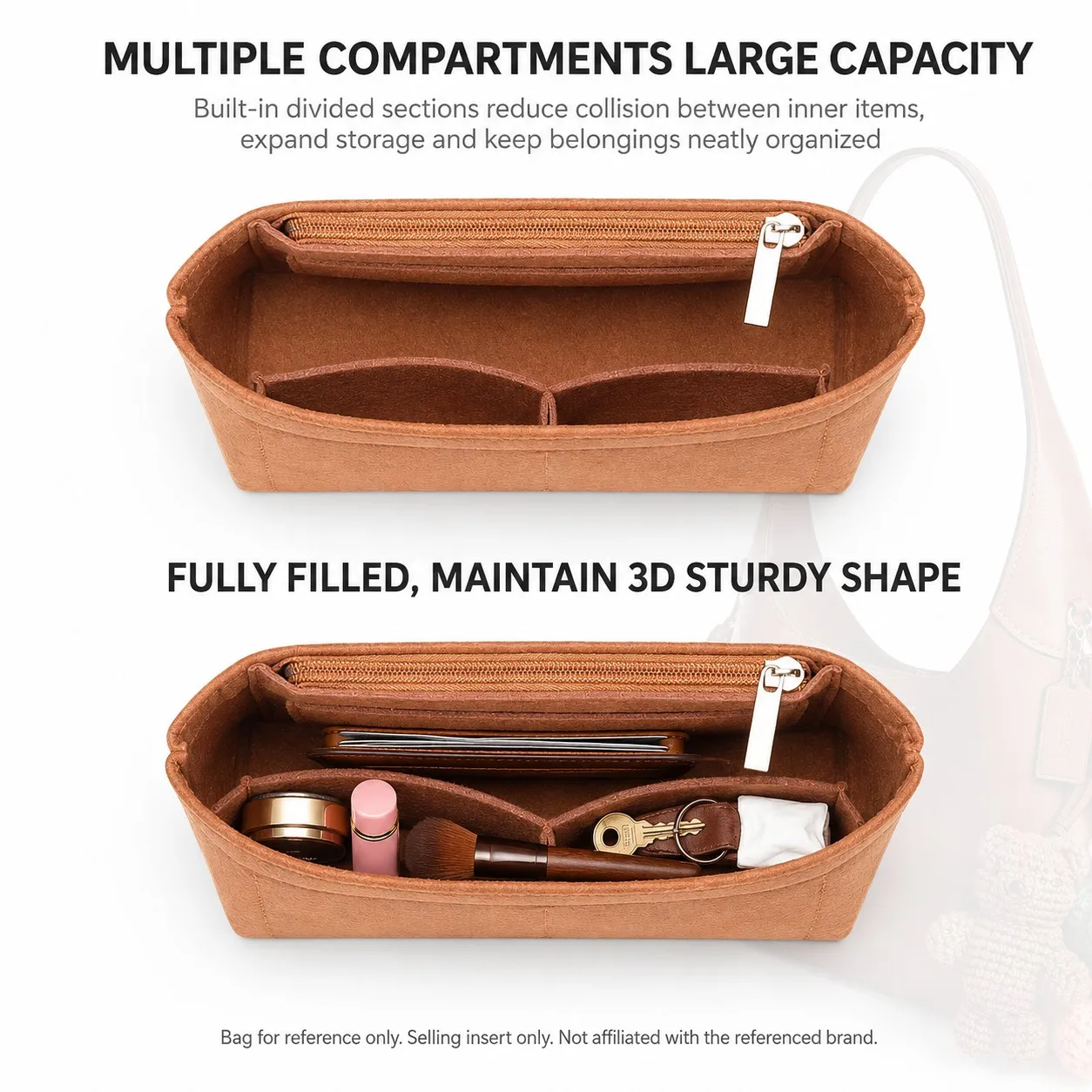 Felt Bag Organizer Insert for Coach Brooklyn Shoulder Bag Liner Fit Structured Storage Insert for 28 34 39 Tote Bag Compartments