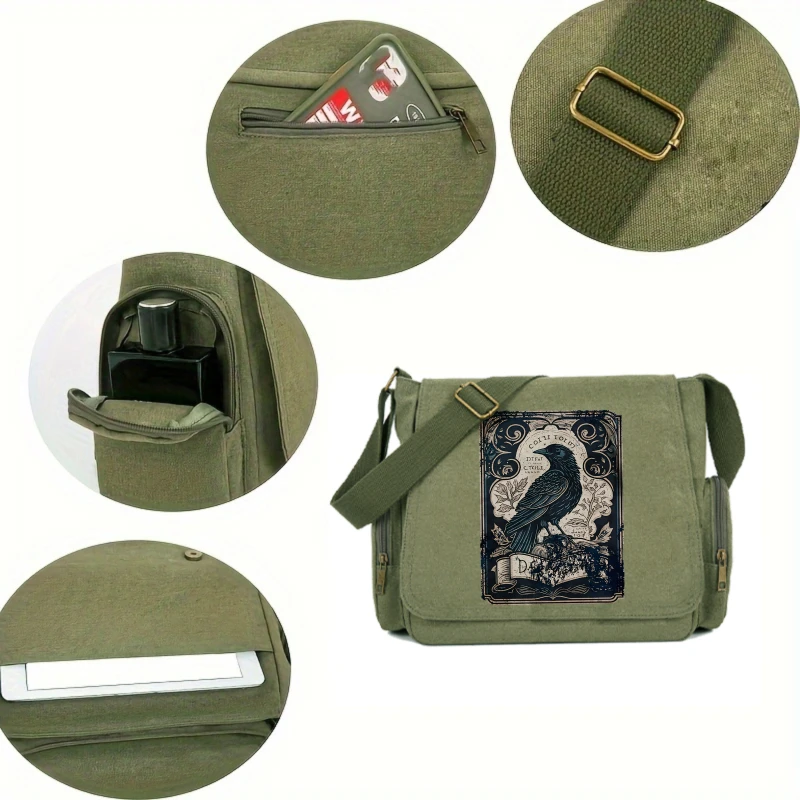 Vintage Raven Print Women's Shoulder Bag Men's Crossbody Messenger Bag Large Capacity Canvas Laptop Bag