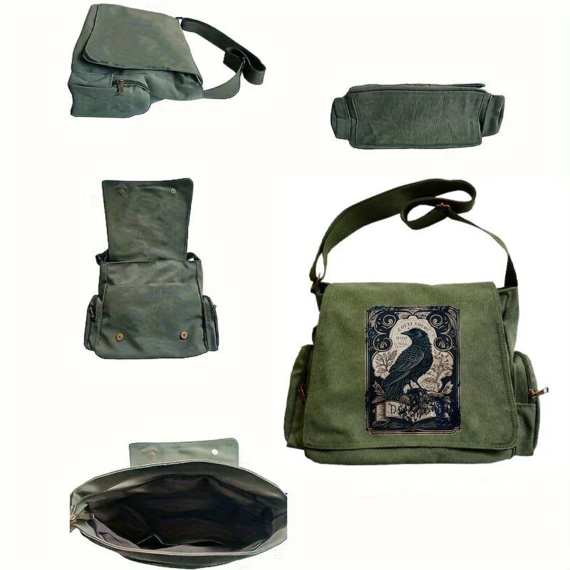 Vintage Raven Print Women's Shoulder Bag Men's Crossbody Messenger Bag Large Capacity Canvas Laptop Bag