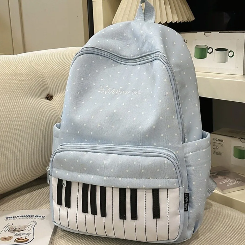 Nylon Polka Dot Print Backpack Color-blocked Cute Large Capacity School Bag Durable Preppy Style Piano Key Backpack Travel