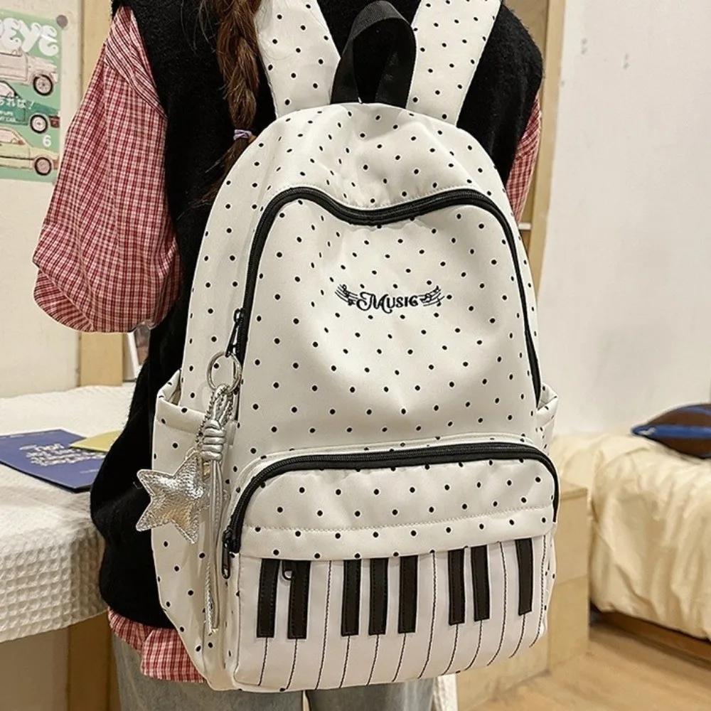 Nylon Polka Dot Print Backpack Color-blocked Cute Large Capacity School Bag Durable Preppy Style Piano Key Backpack Travel