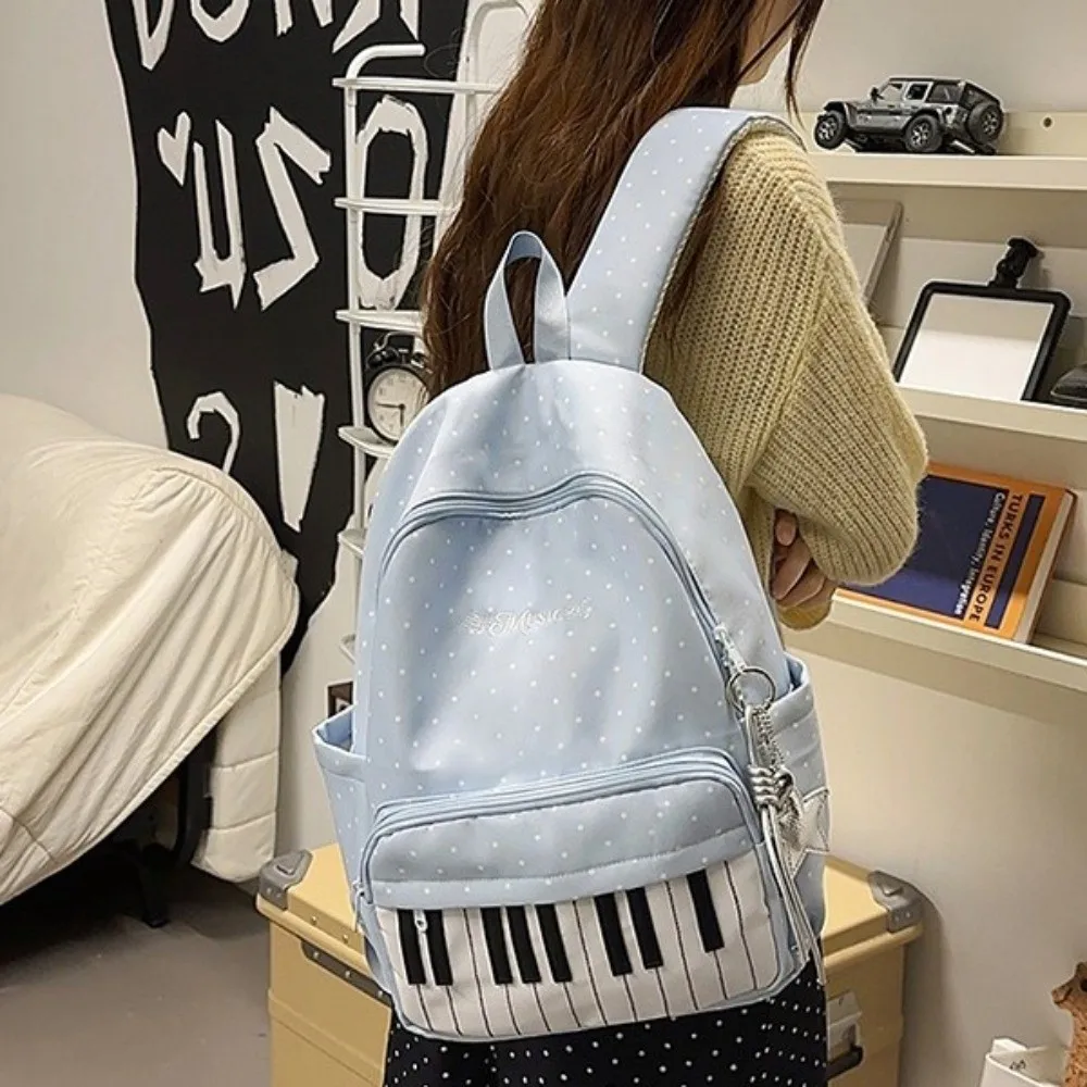 Nylon Polka Dot Print Backpack Color-blocked Cute Large Capacity School Bag Durable Preppy Style Piano Key Backpack Travel