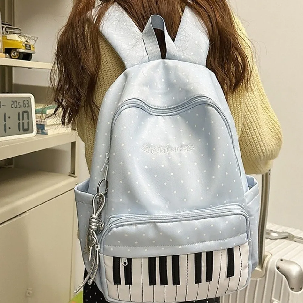 Nylon Polka Dot Print Backpack Color-blocked Cute Large Capacity School Bag Durable Preppy Style Piano Key Backpack Travel