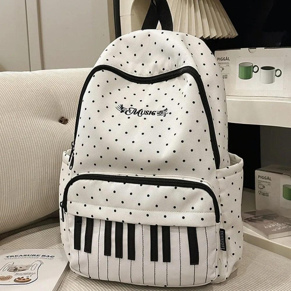 Nylon Polka Dot Print Backpack Color-blocked Cute Large Capacity School Bag Durable Preppy Style Piano Key Backpack Travel
