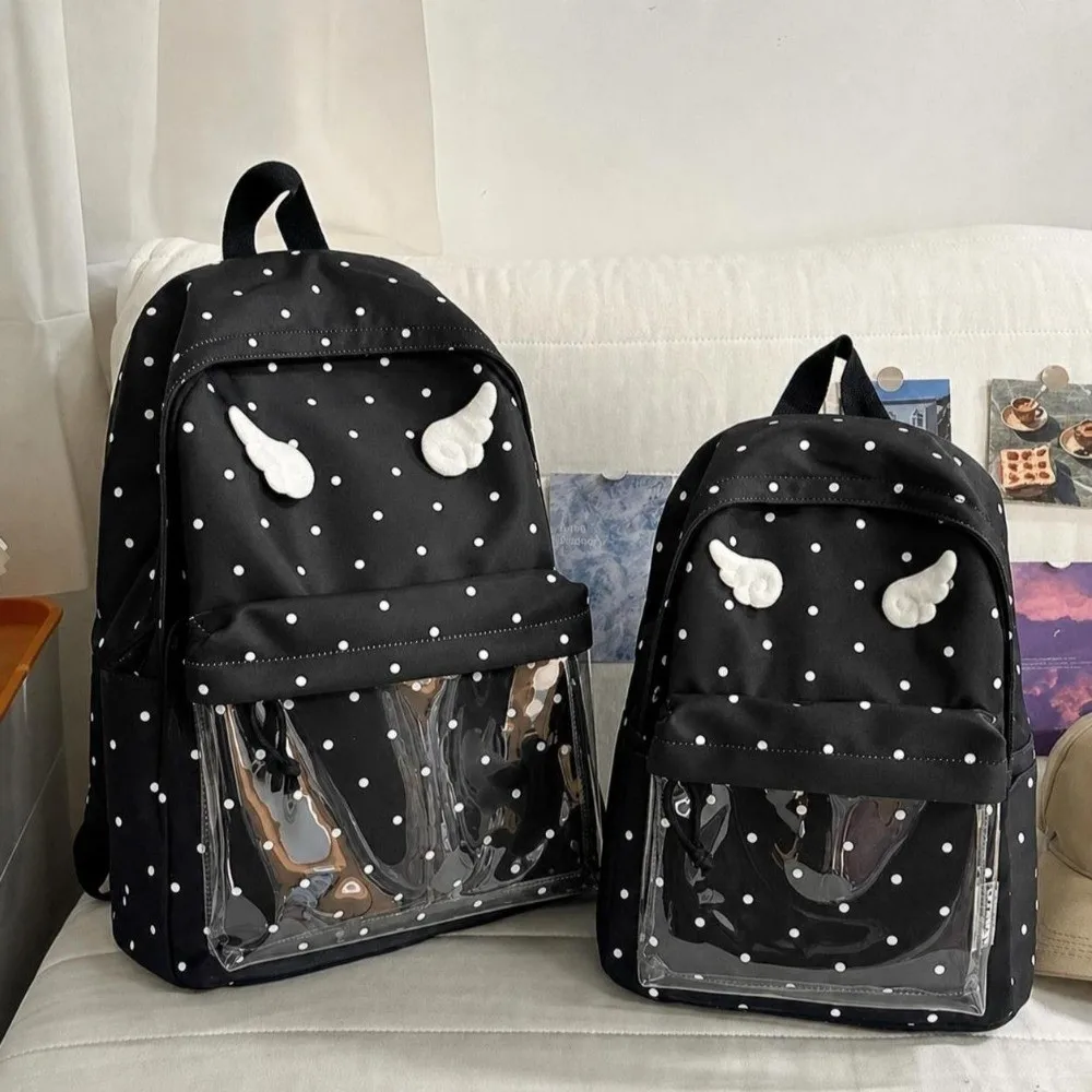 2 Sizes Polka Dot Backpack Large Capacity Transparent Pocket School Daypack Polka Dot Pattern Transparent Pocket Backpack