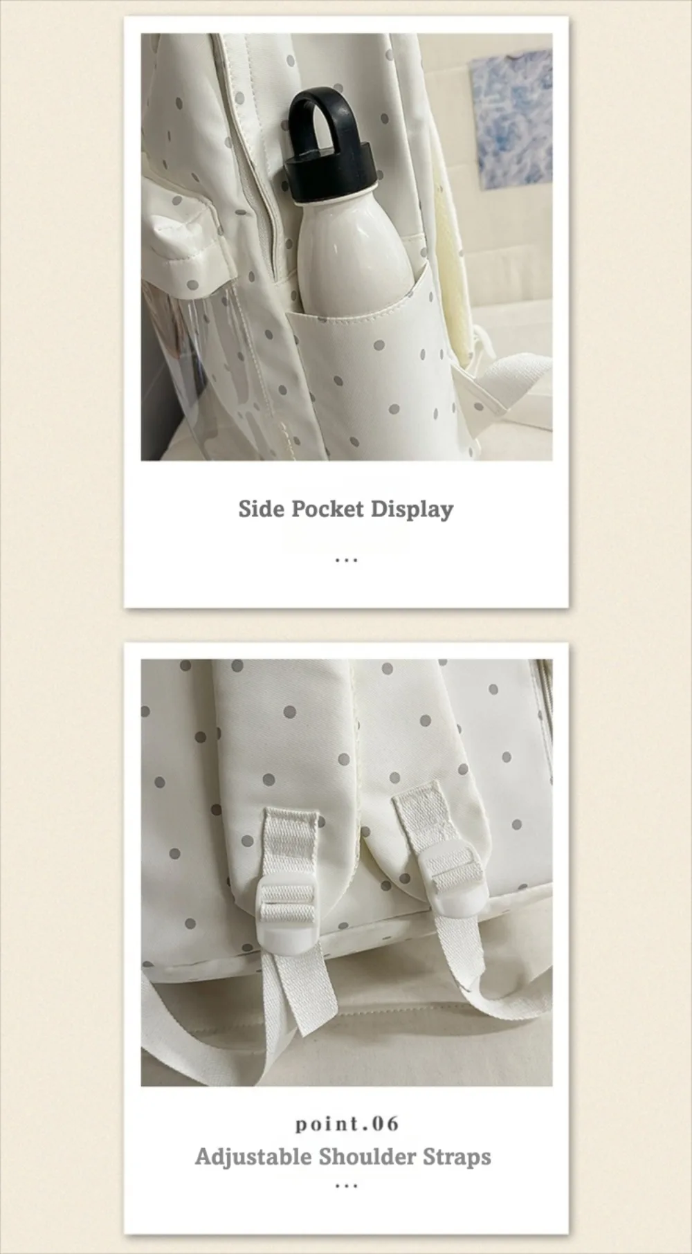 2 Sizes Polka Dot Backpack Large Capacity Transparent Pocket School Daypack Polka Dot Pattern Transparent Pocket Backpack