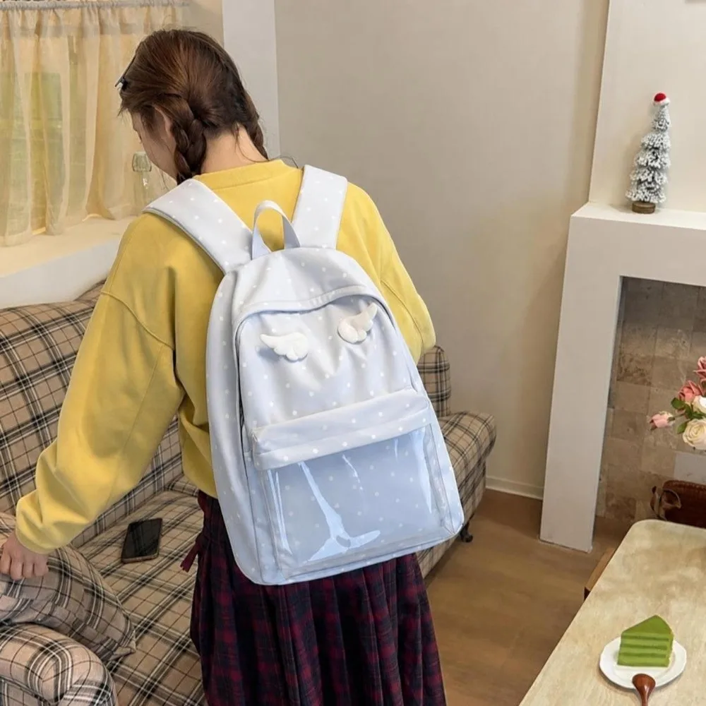 2 Sizes Polka Dot Backpack Large Capacity Transparent Pocket School Daypack Polka Dot Pattern Transparent Pocket Backpack