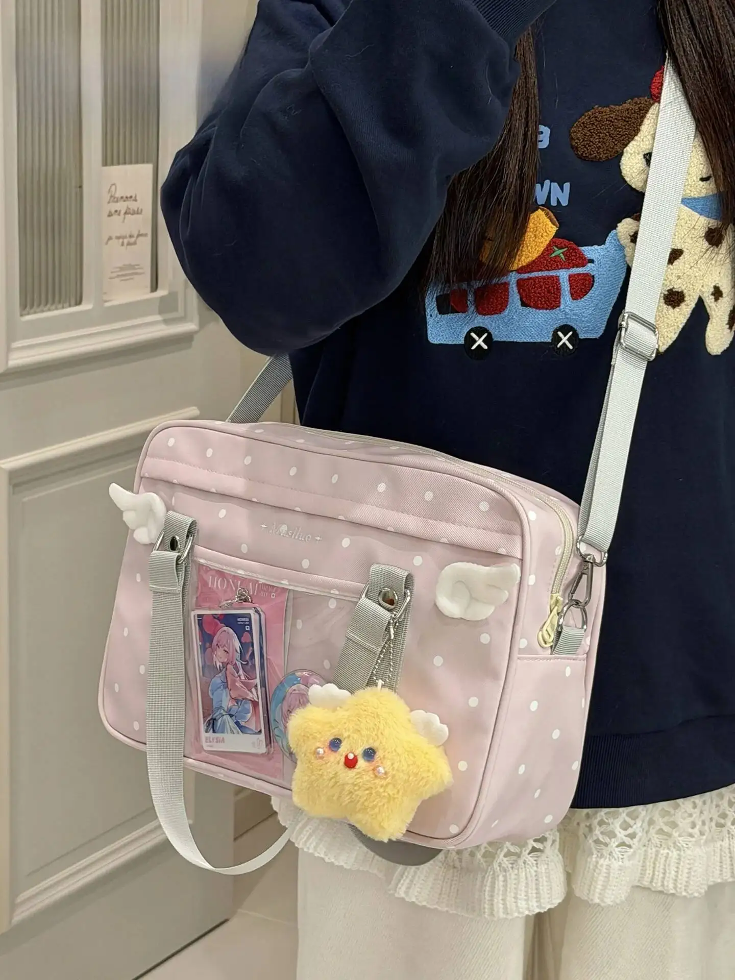 Y2K Anime Convention Polka Dot Ita Shoulder Bag 2D Crossbody Bag Cute Girl Transparent Bag Otaku DIY Comic Display Messenger Bag