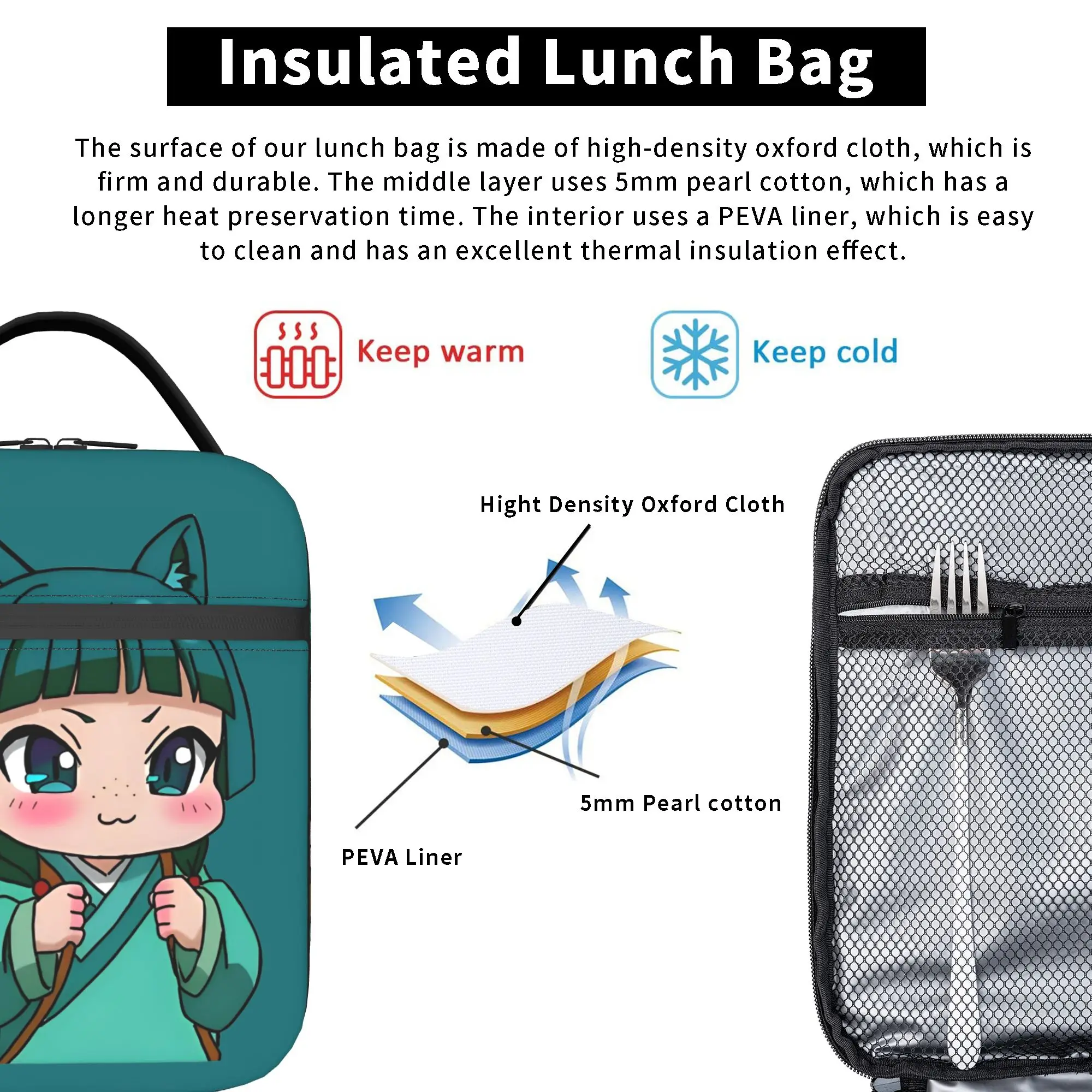 Maomao Chibi Insulated Lunch Bag Thermal Bag Reusable,Lunch Container The Apothecary Diaries Portable Tote Lunch Box Food Bag